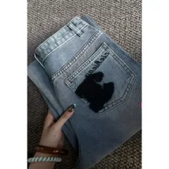 Quần jean dài - Quần jean / denim ống rộng dài 97cm wash bụi thêu chữ X phong cách retro, hàn quốc, cá tính, năng động