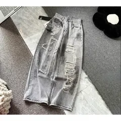 Quần jean dài - Quần jean / denim form rách kiểu phá cách hot, ống suông dài 103cm phong cách retro, hàn quốc, năng động