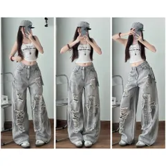 Quần jean dài - Quần jean / denim form rách kiểu phá cách hot, ống suông dài 103cm phong cách retro, hàn quốc, năng động