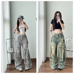 Quần jean dài - Quần jean / denim form rách kiểu phá cách hot, ống suông dài 103cm phong cách retro, hàn quốc, năng động