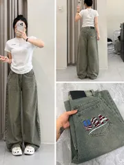 Quần jean dài - Quần jean/denim ống rộng 48cm dài 97cm wash nhẹ thêu USA phong cách retro, hàn quốc, cá tính, năng động