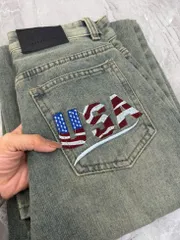 Quần jean dài - Quần jean/denim ống rộng 48cm dài 97cm wash nhẹ thêu USA phong cách retro, hàn quốc, cá tính, năng động