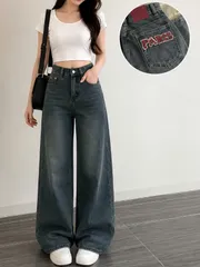 Quần jean dài - Quần jean / denim ống rộng dài 97-99cm wash thêu chữ PA phong cách retro, hàn quốc, năng động siêu ngầu