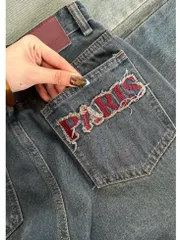 Quần jean dài - Quần jean / denim ống rộng dài 97-99cm wash thêu chữ PA phong cách retro, hàn quốc, năng động siêu ngầu