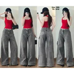 Quần jean dài - Quần ống loe dài 103cm rộng 30-35cm màu xám khói, phía trước trơn sau túi hộp cá tinh dễ phối đồ - 1018