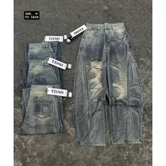 Quần jean dài - Quần denim form suông dài 103cm wash khói rách kiểu vân nhăn line cong phong cách đường phố, cá tính