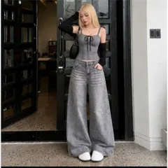 Quần jean dài - Quần jean/denim ống rộng 34cm wash xám phối sơn nổi bật, thiết kế thời thượng tôn dáng che khuyết điểm