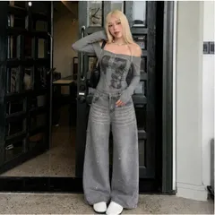 Quần jean dài - Quần jean/denim ống rộng 34cm wash xám phối sơn nổi bật, thiết kế thời thượng tôn dáng che khuyết điểm