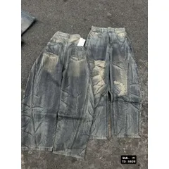 Quần jean dài - Quần denim form suông dài 103cm wash khói rách kiểu vân nhăn line cong phong cách đường phố, cá tính