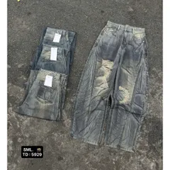Quần jean dài - Quần denim form suông dài 103cm wash khói rách kiểu vân nhăn line cong phong cách đường phố, cá tính