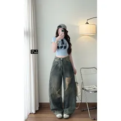 Quần jean dài - Quần jean dài gam màu siêu bụi,cá tính form suông 103cm wash khói phối màu viền cong điểm nhấn rách xước