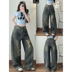 Quần jean dài - Quần jean dài gam màu siêu bụi,cá tính form suông 103cm wash khói phối màu viền cong điểm nhấn rách xước