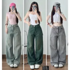 Quần jean dài - Quần jean / denim ống suông basic dài 103cm thêu bé thỏ phong cách retro, hàn quốc, năng động đi chơi