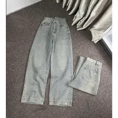 Quần jean dài - Quần jean / denim ống suông basic dài 103cm thêu bé thỏ phong cách retro, hàn quốc, năng động đi chơi