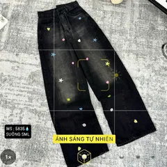 Quần jean dài - Quần jean/denim ống suông dài 103cm màu đen cá tính phối wash khói thêu họa tiết ngôi sao nổi bật JMD23