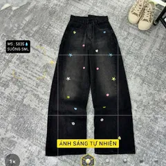 Quần jean dài - Quần jean/denim ống suông dài 103cm màu đen cá tính phối wash khói thêu họa tiết ngôi sao nổi bật JMD23