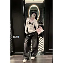 Quần jean dài - Quần jean/denim ống suông dài 103cm màu đen cá tính phối wash khói thêu họa tiết ngôi sao nổi bật JMD23