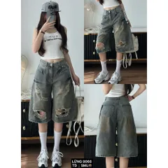 Quần Jean đùi - Quần Lửng chất Jean / Denim màu xanh gam màu trẻ trung phối wash rách vệt sơn nâu siêu bụi, cá tính 28