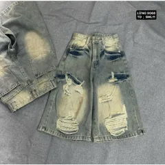 Quần Jean đùi - Quần Lửng chất Jean / Denim màu xanh gam màu trẻ trung phối wash rách vệt sơn nâu siêu bụi, cá tính 28