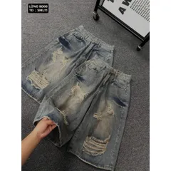Quần Jean đùi - Quần Lửng chất Jean / Denim màu xanh gam màu trẻ trung phối wash rách vệt sơn nâu siêu bụi, cá tính 28