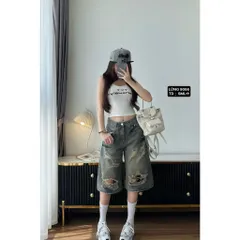 Quần Jean đùi - Quần Lửng chất Jean / Denim màu xanh gam màu trẻ trung phối wash rách vệt sơn nâu siêu bụi, cá tính 28