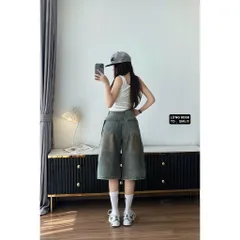 Quần Jean đùi - Quần Lửng chất Jean / Denim màu xanh gam màu trẻ trung phối wash rách vệt sơn nâu siêu bụi, cá tính 28