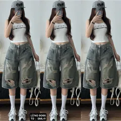 Quần Jean đùi - Quần Lửng chất Jean / Denim màu xanh gam màu trẻ trung phối wash rách vệt sơn nâu siêu bụi, cá tính 28