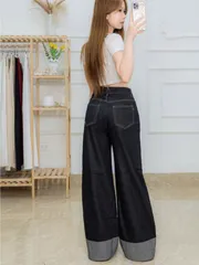 Quần jean dài - Quần Jeans nữ ống suông rộng gập lai ống 30-34cm cạp cao màu đậm chất Jeans mềm basic phong cách retro