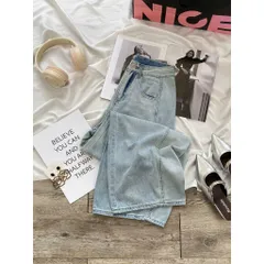 Quần jean dài - Quần jean / denim ống suông dài 100CM wash trendy tôn dáng với đường cắt dọc nổi bật thêu chữ đỏ SUM 29