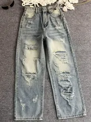 Quần jean dài - Quần jean /denim ống suông dài 97cm wash form rách xước nổi bât, phong cách retro, hàn quốc, năng động