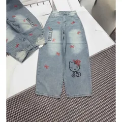 Quần jean dài - Quần jean / denim ống suông wash thêu mèo nơ đỏ phong cách retro, hàn quốc, năng động đi chơi cực chất22