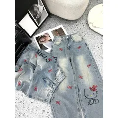Quần jean dài - Quần jean / denim ống suông wash thêu mèo nơ đỏ phong cách retro, hàn quốc, năng động đi chơi cực chất22
