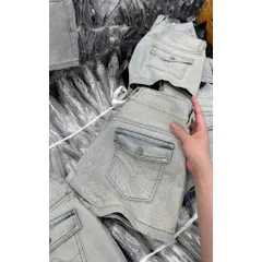 Quần jean đùi - quần nữ short jean kaki wash xanh basic sau túi nắp nút kim loại thêu chỉ lượng sóng cạp cao minajean