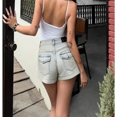 Quần jean đùi - quần nữ short jean kaki wash xanh basic sau túi nắp nút kim loại thêu chỉ lượng sóng cạp cao minajean