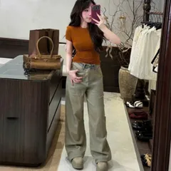 Quần jean dài - Quần jean / denim ống rộng màu bụi rêu phối cap denim đậm + outfit phong cách retro, hàn quốc, năng động