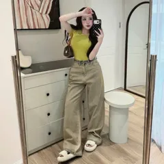 Quần jean dài - Quần jean / denim ống rộng màu bụi rêu phối cap denim đậm + outfit phong cách retro, hàn quốc, năng động
