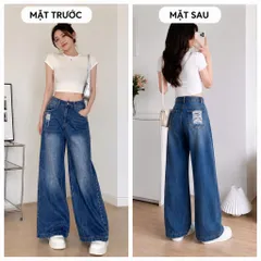 Quần jean dài - Quần jean / denim ống rộng cạp cao wash xanh đậm trendy, che dáng tốt, túi rách tạo điểm nhấn cá tính
