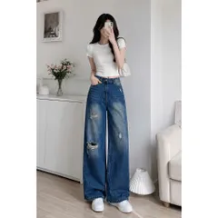 Quần jean dài - Quần jean / denim ống rộng cạp cao wash xanh đậm trendy, che dáng tốt, túi rách tạo điểm nhấn cá tính