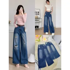 Quần jean dài - Quần jean / denim ống rộng cạp cao wash xanh đậm trendy, che dáng tốt, túi rách tạo điểm nhấn cá tính
