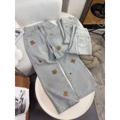 Quần jean dài - Quần jean/denim ống suông dài 102cm thêu bé gấu nâu nơ chữ phong cách hàn quốc, đáng iu, dễ thương B26