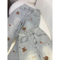 Quần jean dài - Quần jean/denim ống suông dài 102cm thêu bé gấu nâu nơ chữ phong cách hàn quốc, đáng iu, dễ thương B26