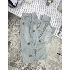 Quần jean dài - Quần jean/denim ống suông dài 102cm thêu bé gấu nâu nơ chữ phong cách hàn quốc, đáng iu, dễ thương B26