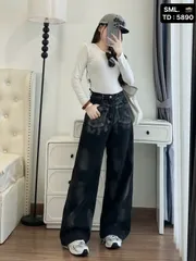 Quần jean dài - Quần jean / denim ống suông wash màu đen siêu bụi, chất phong cách retro, hàn quốc, cá tính, năng động
