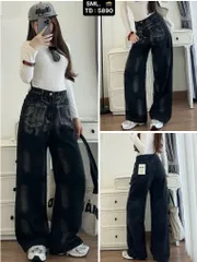 Quần jean dài - Quần jean / denim ống suông wash màu đen siêu bụi, chất phong cách retro, hàn quốc, cá tính, năng động