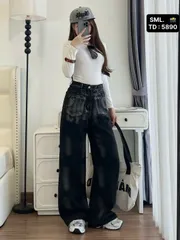 Quần jean dài - Quần jean / denim ống suông wash màu đen siêu bụi, chất phong cách retro, hàn quốc, cá tính, năng động