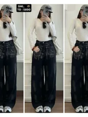 Quần jean dài - Quần jean / denim ống suông wash màu đen siêu bụi, chất phong cách retro, hàn quốc, cá tính, năng động