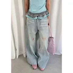 Quần jean dài - Quần jean/denim ống suông dài 102cm họa tiết thêu bé cún iu,phong cách retro, hàn quốc, năng động 26NU