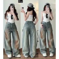 Quần jean dài - Quần jean dài 103cm phong cách đường phố, cá tính siêu bụi form suông wash khói vệt nâu điểm nhấn độc lạ