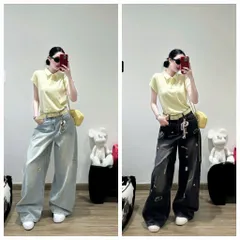 Quần jean dài - Quần jean suông wash bạc dài 103cm họa tiết thêu bé mèo và bông hoa xinh iu, ngọt ngào cho nàng đi chơi