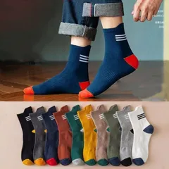 Set 5 đôi tất nam 3 sọc cổ trung, tất nam phong cách vintage Hàn Quốc